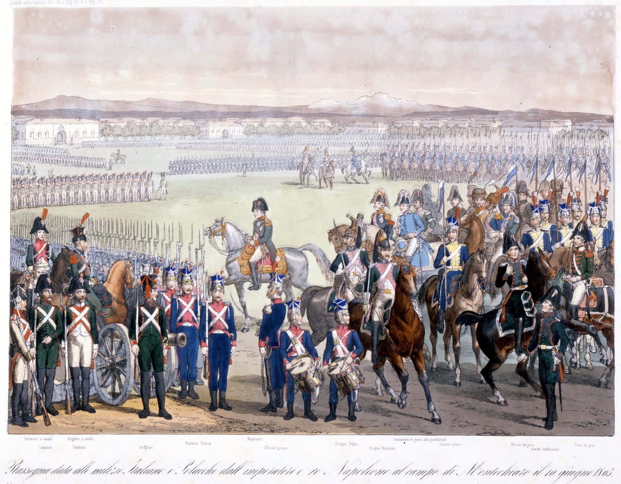 Napoleon Bonaparte granskade den italienska och polska milisen i Montechiaro 1805. Gravyr från 1845 av Unknown artist
