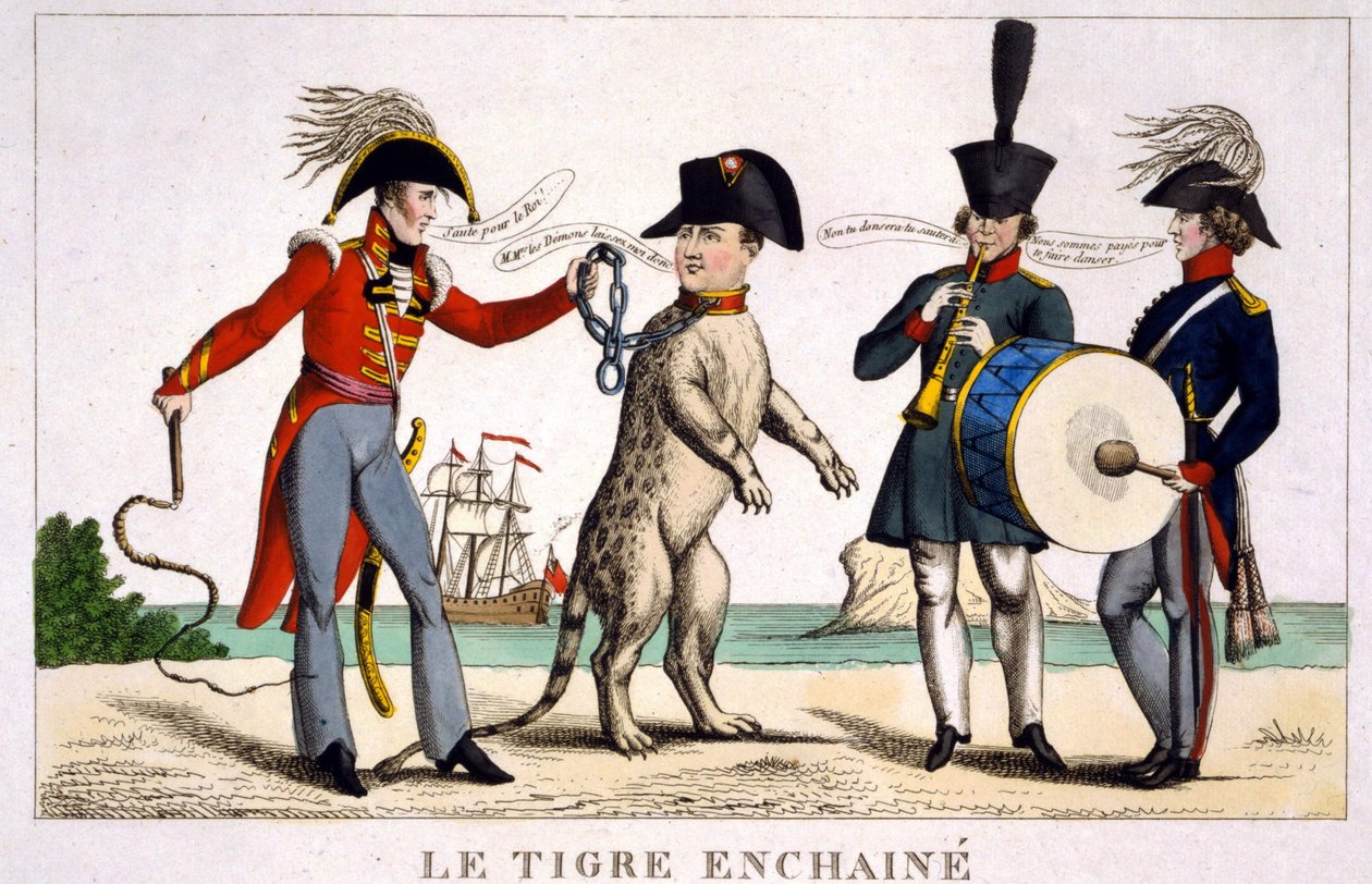 Napoleon I i en kedjad tiger som hålls av en brittisk officer med en piska. Ryssland och Österrike spelar musik intill. Tecknad film 1815. av Unknown artist