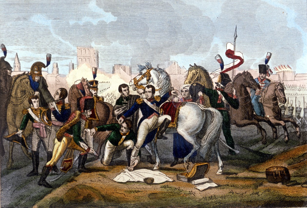 Napoleon I sårad framför Regensburg den 23 april 1809. Gravyr 1800-talet. av Unknown artist