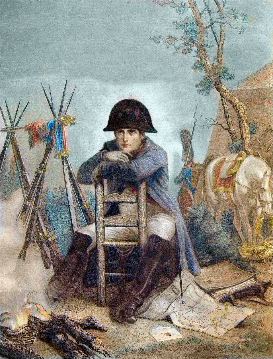Napoleon vid bivacken kvällen före slaget vid Austerlitz - gravyr av Philippoteaux - Napoleon vid bivacken. Slaget vid Austerlitz (1805), även känt som slaget om de tre kejsarna av Unknown artist