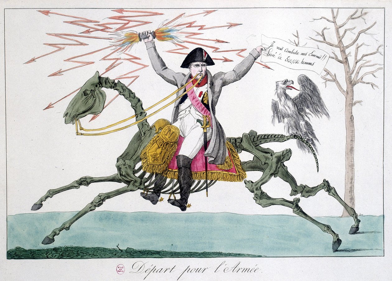 Napoleon: karikatyr av en krigare på ett hästskelett - i "" Napoleon 1er"", samling karikatyrer av Unknown artist