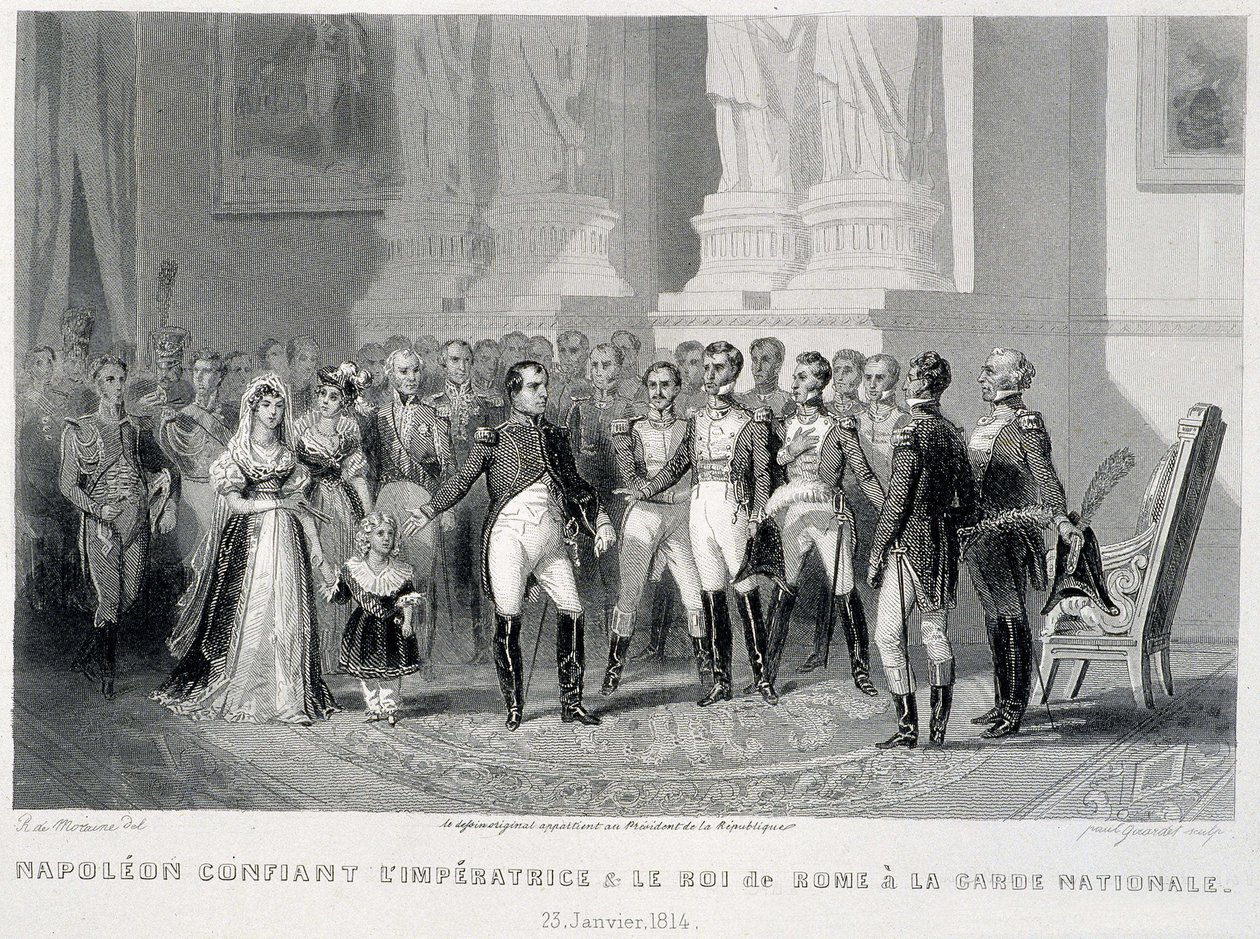 Napoleon anförtror imponen och hennes son, kungen av Rom, till nationalgardet (23 januari 1814) - i "Fasttes de Gardes nationales de France"" av Unknown artist