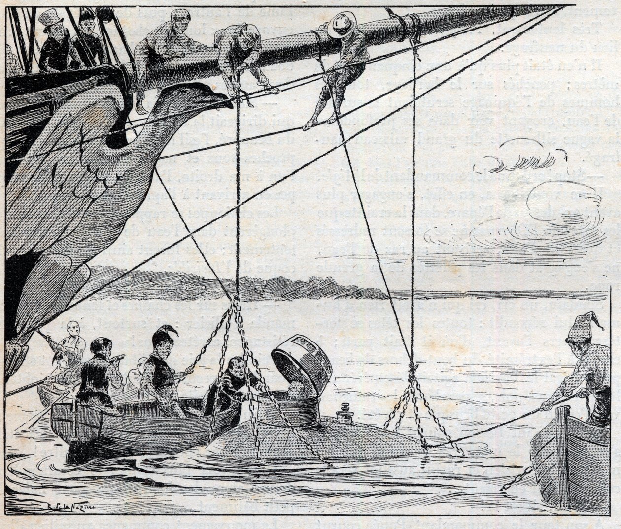 Napoleon flyr från ön Saint Helene i en ubåt (ubåt) - illustration till romanen av Emile Cyprien (Emile-Cyprien) Driant (1855-1916), "Emperor