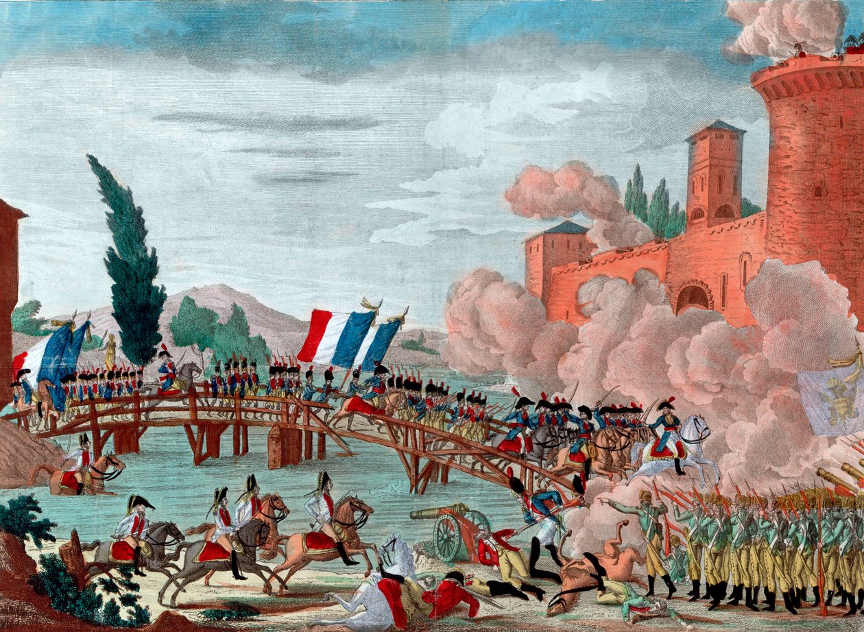 Napoleon leder sin armé över bron vid Lodi - Napoleon under striden och passagen av bron i Lodi 1796 - Passage av bron över Lodi i Italien av den republikansk-franska Armee på uppdrag av generalen Napoleon Bonaparte - av Unknown artist