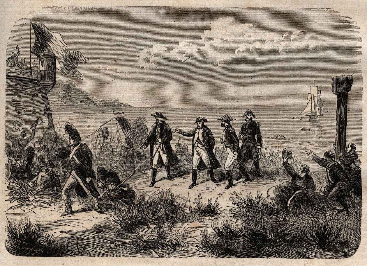Napoleon återvänder från Elba - "" Napoleon I:s återkomst från ön Elba, landade i Cannes den 1 mars 1815""" Ingraverad i "Illustrious popular dictionary"" - 1864 - av Joseph Decembre och Edmond Allonier - av Unknown artist
