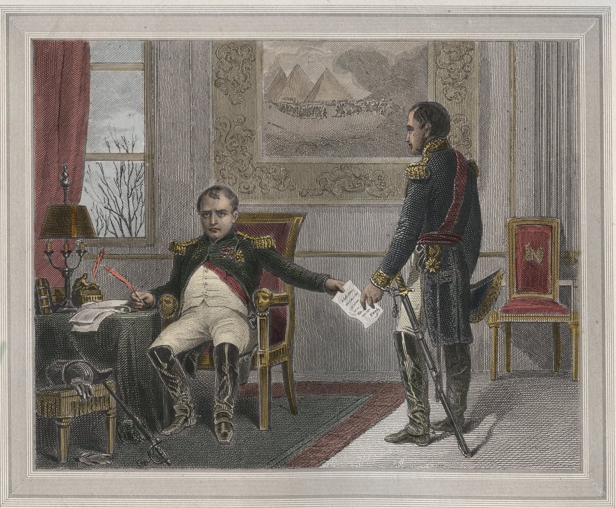 Napoleon undertecknar sin abdikation 1814 - Napoleon Bonaparte (1769-1821) i Fontainebleau under sin första abdikering, undertecknad i april 1814 Gravyr i "Les Fastes Populaires, ou Histoire des acts heroiques du peuple et de son influence sur les sciences av Unknown artist