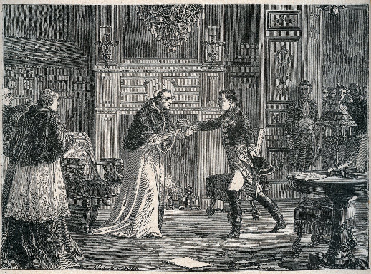 Napoleon besöker påven Pius VII i Fontainebleau 1804 - Besök av Napoleon I hos påven Pius VII a Fontainebleau 1804 av Unknown artist