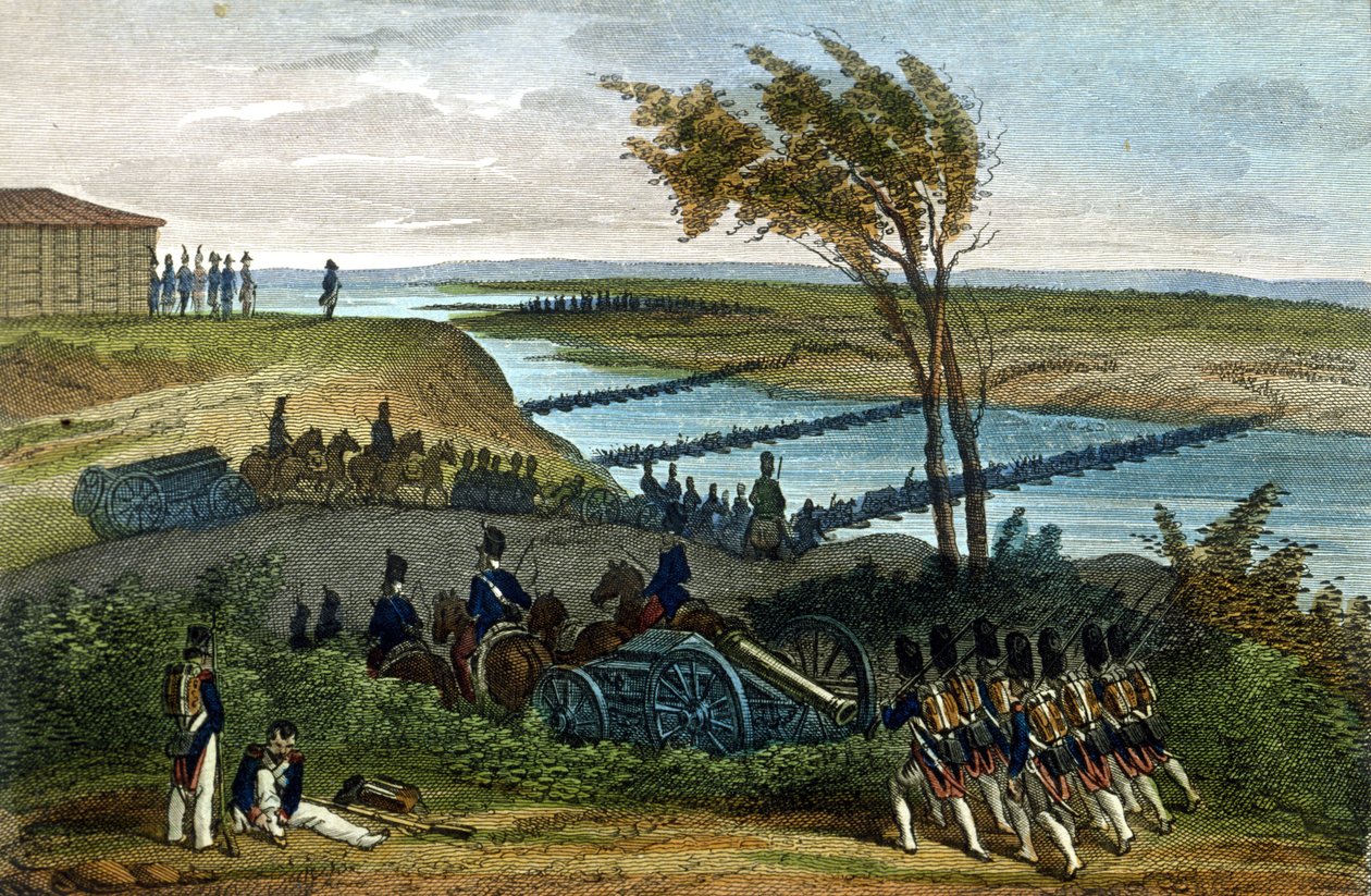 Napoleonkriget: rysk kampanj. Passage av floden Niemen (Dnjemen) den 24/06/1812, som skiljer de två imperierna åt. Gravyr av 1800-talet. av Unknown artist