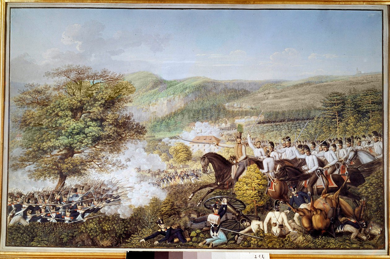 Napoleonkriget: "" Det franska infanteriet mot det preussiska kavalleriet"" Anonym akvarell. 1813 Berlin, historiskt museum av Unknown artist
