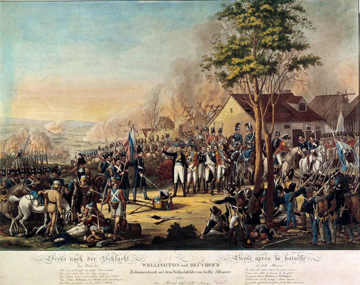 Napoleonkrigen: Slaget vid Belle Alliance eller Waterloo vann 1815-06-18 av de väpnade styrkorna under order av Arthur Wellesley, hertig av Wellington (1769-1852) och prins Blucher av Unknown artist