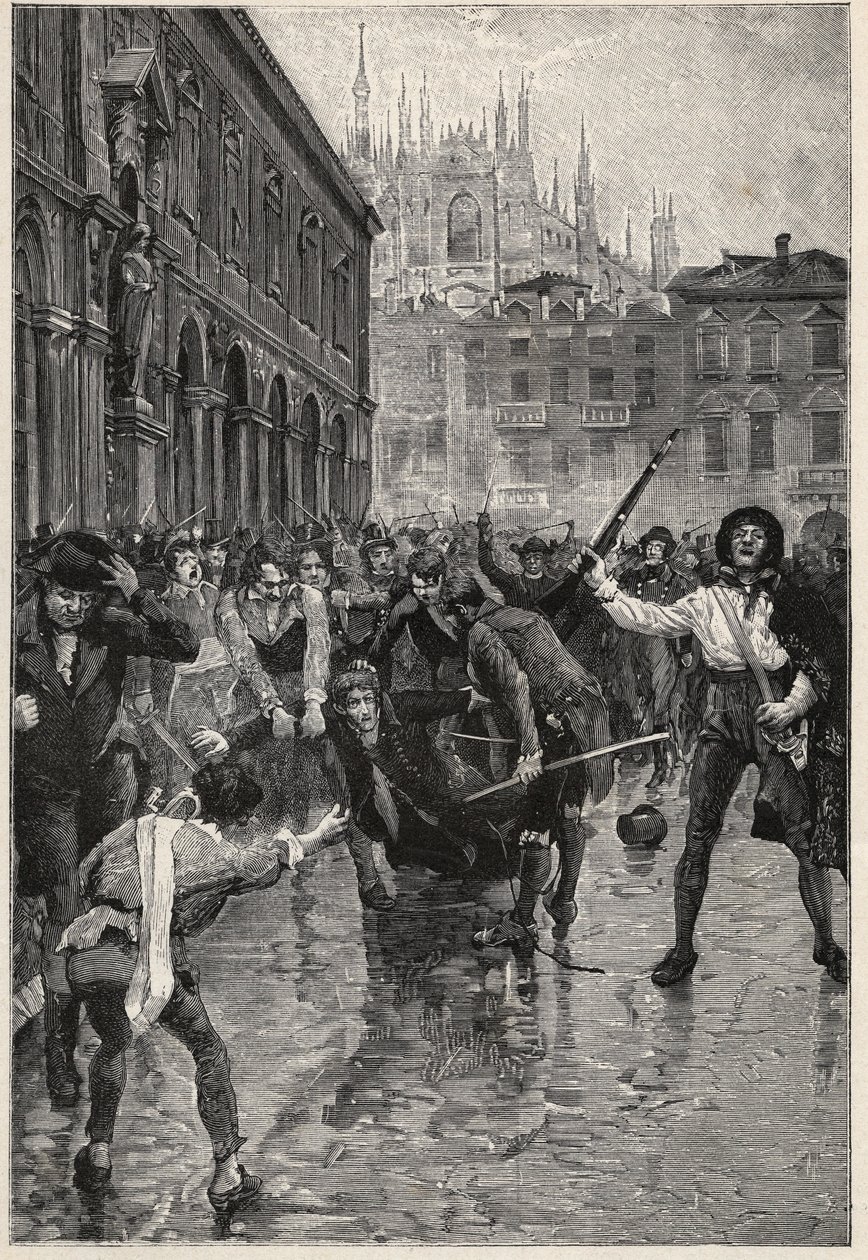 Napoleons abdikation uppmuntrar till upplopp i Milano, och Giuseppe Prina, den impopulära finansministern, dras runt på gatorna och dödas slutligen av folkhopen på Piazza San Fedele i Milano, den 20 april av Unknown artist