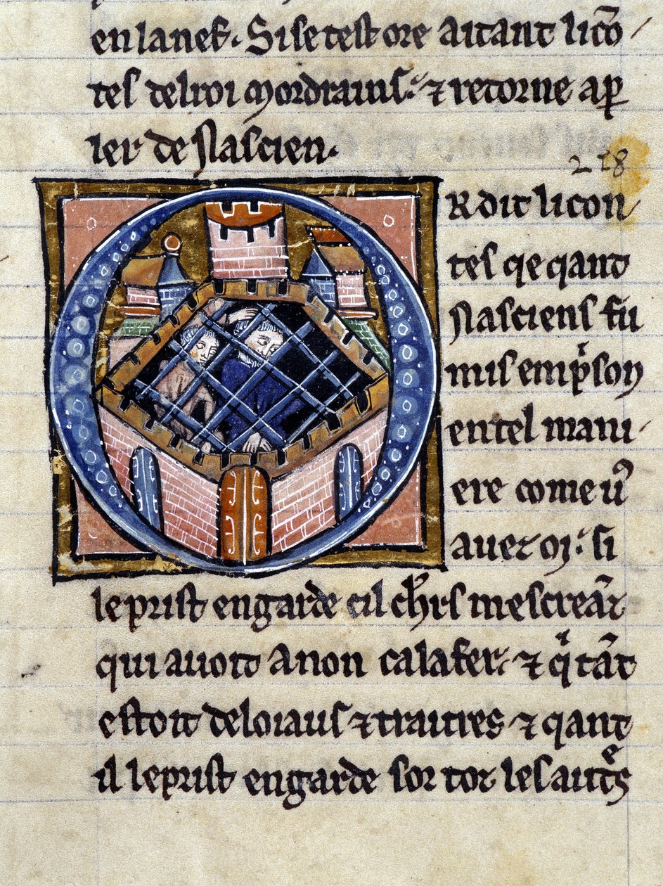Nascion i fängelse. Manuskript: Erövringen av Saint Gréal, skrivet 717 år efter vår herres passion. Bibliotheque Municipale de Rennes, ms. 255 (Samling av romaner av det runda bordet); Paris av Unknown artist