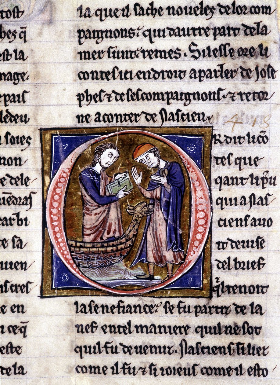 Nascion tar emot boken (?). Manuskript: Erövringen av Saint Gréal, skrivet 717 år efter vår herres passion. Bibliotheque Municipale de Rennes, ms. 255 (Samling av romaner av det runda bordet); Paris av Unknown artist