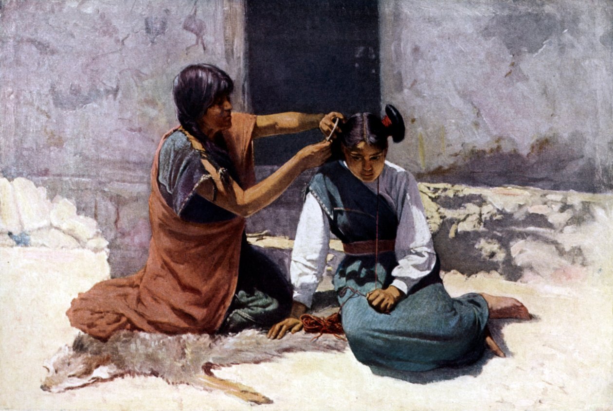Amerikansk indianmamma från Hopi-stammen, sköter om sin dotters hår inför giftermålet av Unknown artist