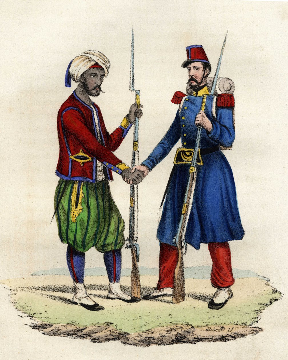 Infödda och franska jägare från den franska armén i Afrika i Algeriet 1830. I "" Storia d