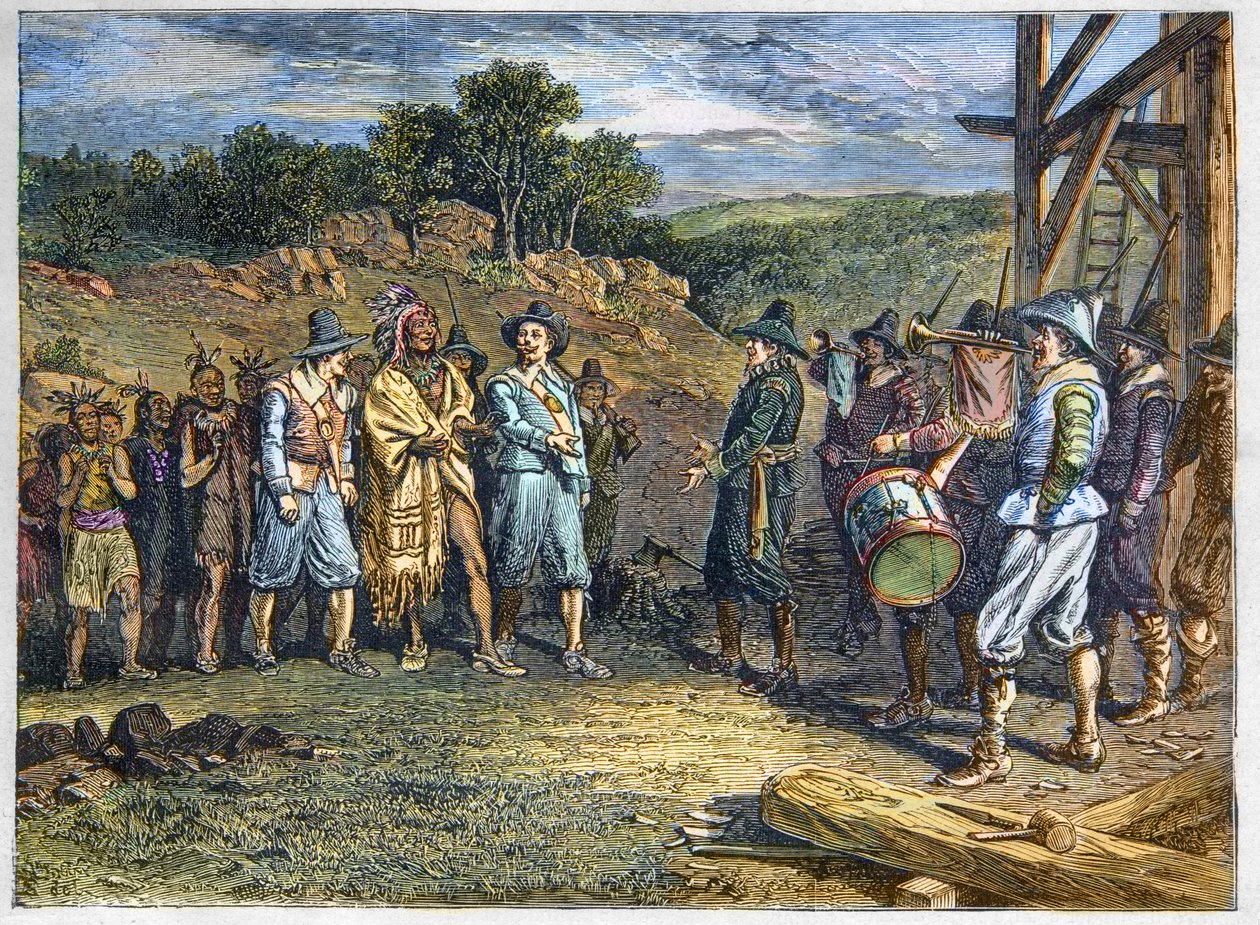 Ursprungsbefolkning i Amerika: indianer. Nybyggarna träffade Massasoit (1590-1661) även känd som Ousamequin "Yellow Feather"" chef för Wampanoag-stammen, Plymouth Colony, år 1620. Wampanoag-ledaren Massasoit besökte kolonister i Plymouth av Unknown artist