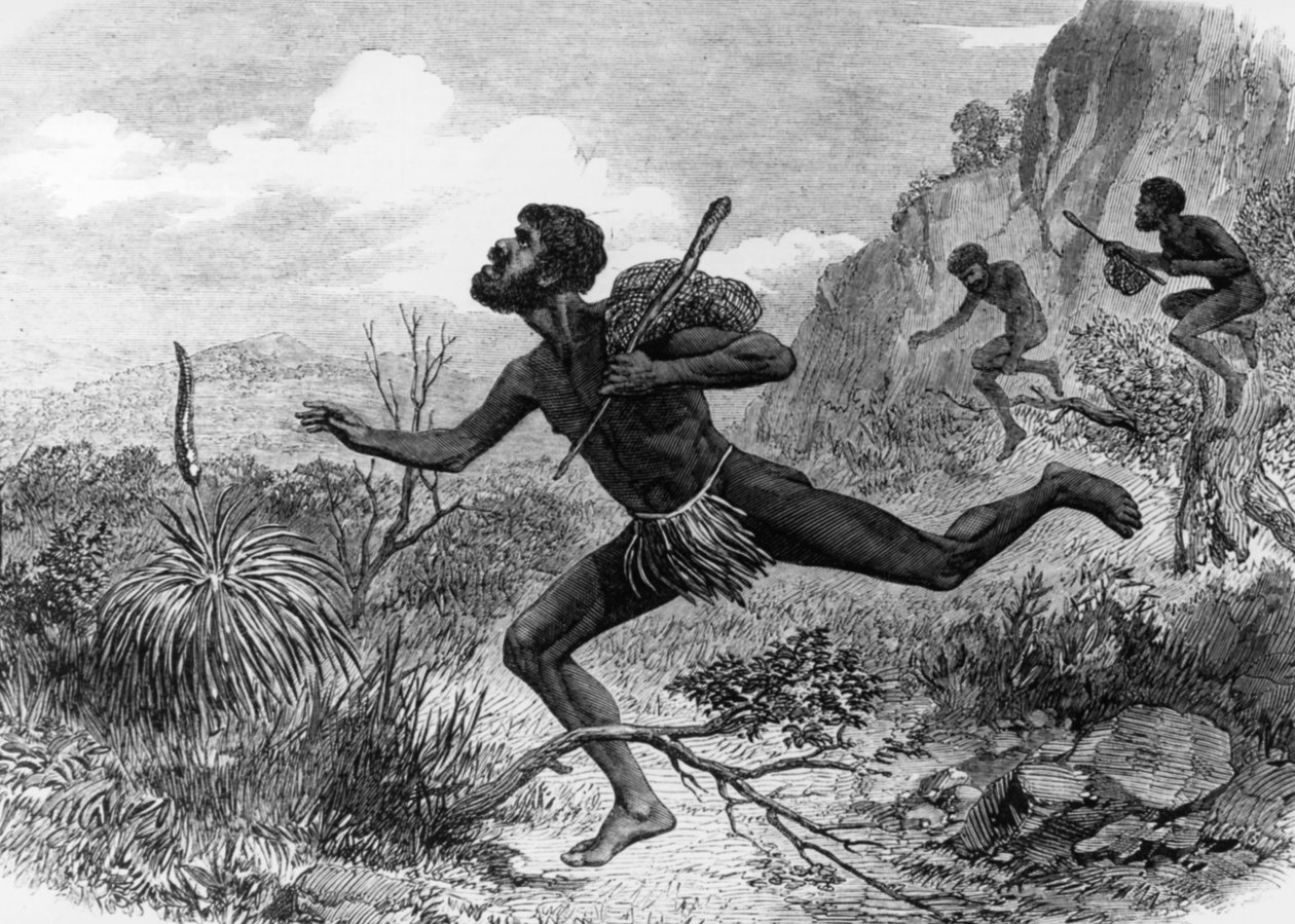 Infödda (Aboriginer) från Australien under bijakt 1863, gravyr av Unknown artist
