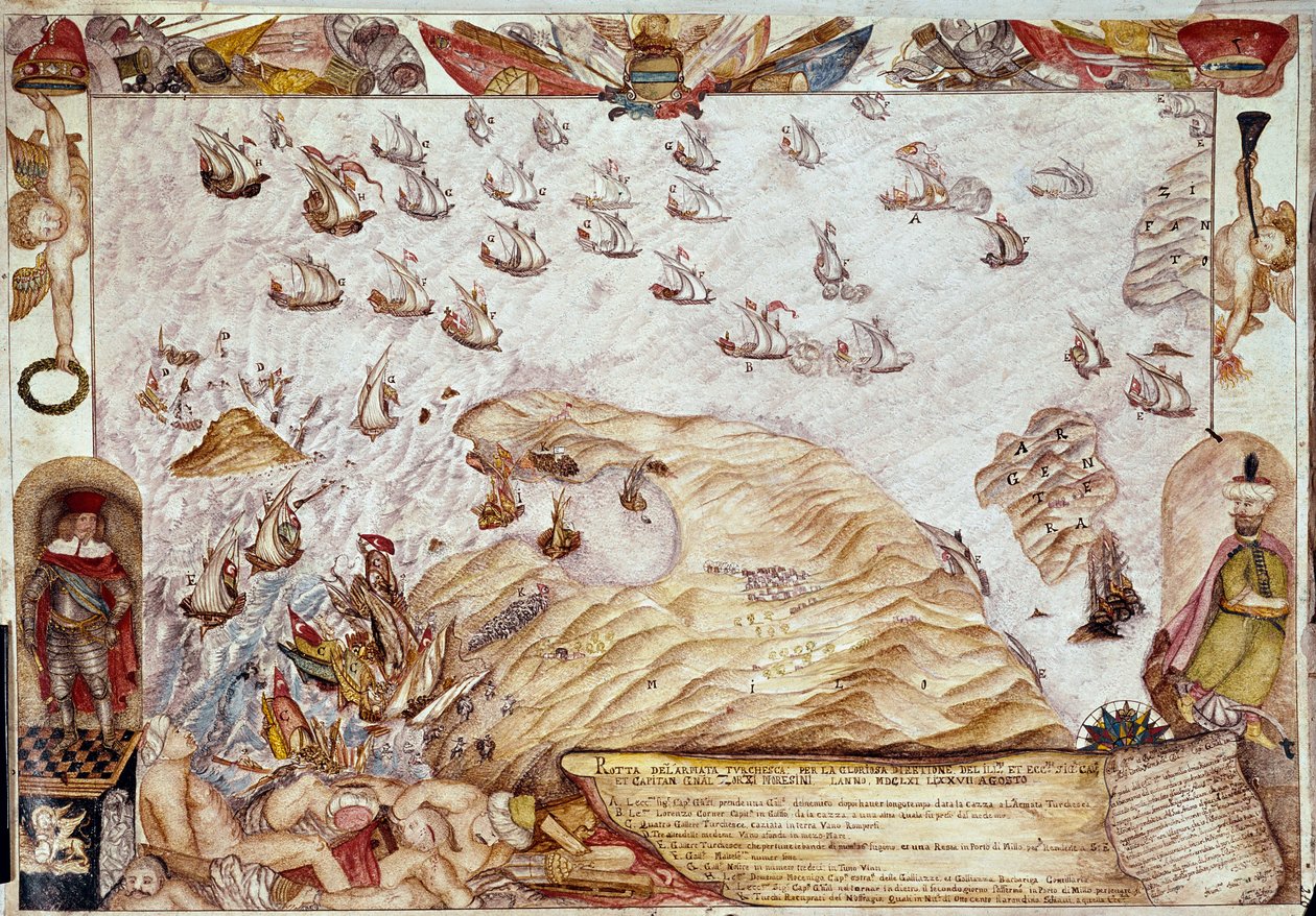 Sjöstrid mellan den turkiska och venetianska flottan 1661 - Miniatyr - Venedig, Biblioteca Marciana av Unknown artist