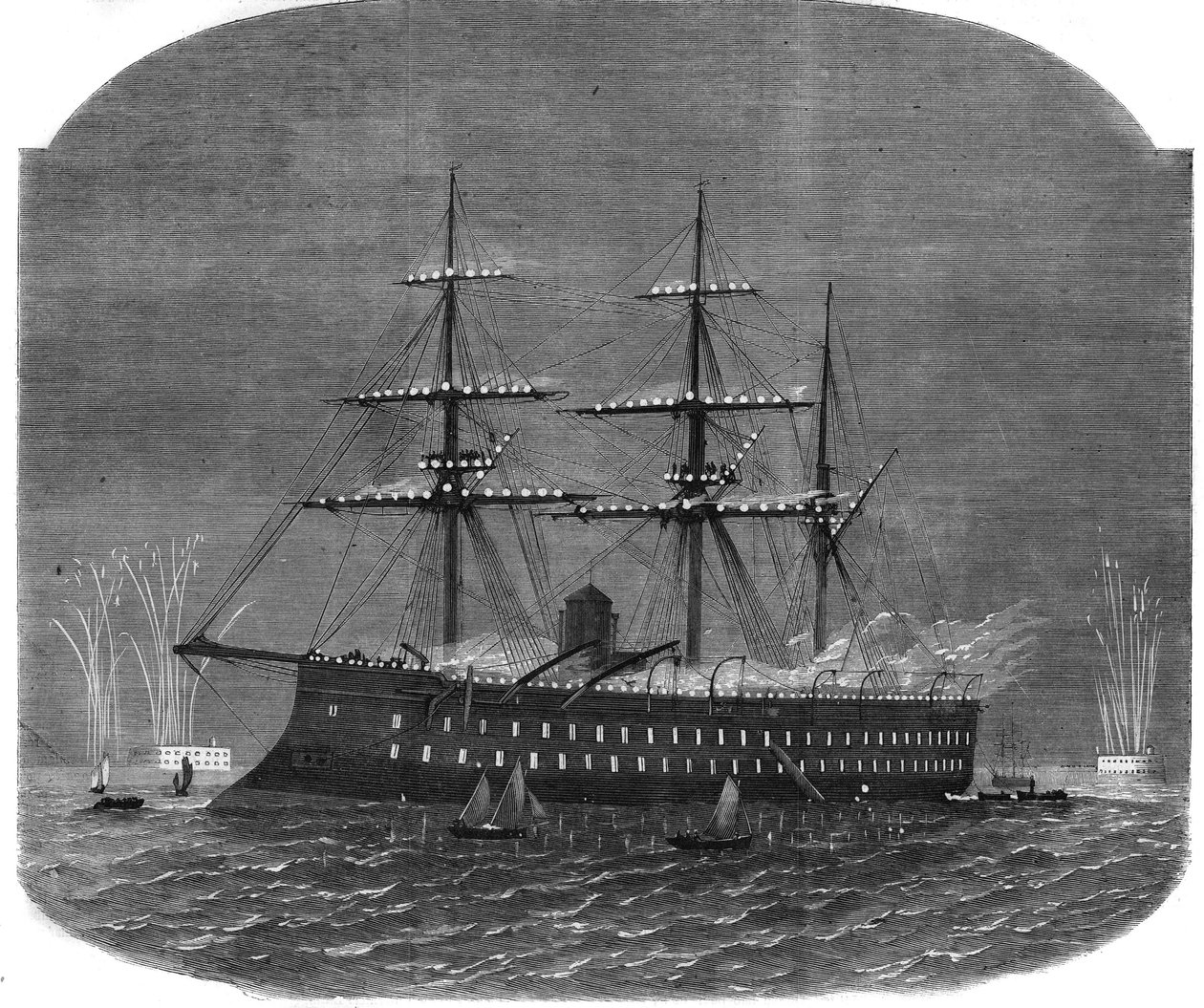 Sjöbelysning i hamnen i Spithead under den egyptiske sultanen Ismail Pashas (1830-1895) resa till England. Gravyr i "The Illustrous Universe" av Unknown artist