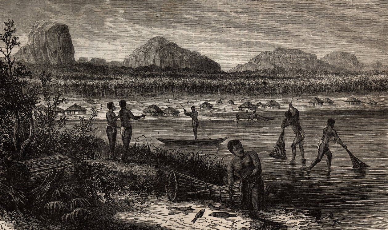 Nära grå starr i Rovuma (Moçambique), fiskeaktiviteterna för fisken. Gravyr för att illustrera Dr. Livingstones första resor till södra Afrika från 1840 till 1856, i "Le tour du monde, nouveau journal des voyages"" publicerad under direktivet av Unknown artist