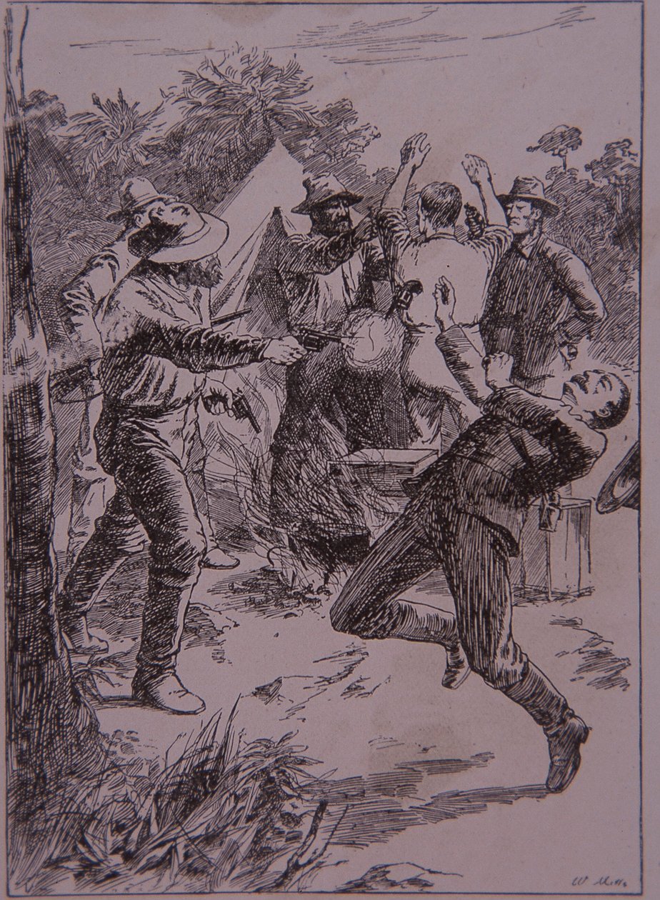 Ned Kelly dödar poliskonstapel Lonigan vid Stringybark Creek 1878 (gravyr) av Unknown artist