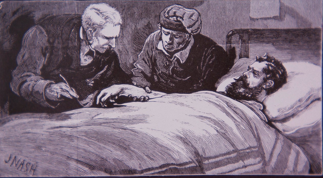 Ned Kelly ligger skadad på fängelse sjukhus i Melbourne efter att ha blivit tillfångatagen av polis den 28 juni 1880 (gravyr) av Unknown artist