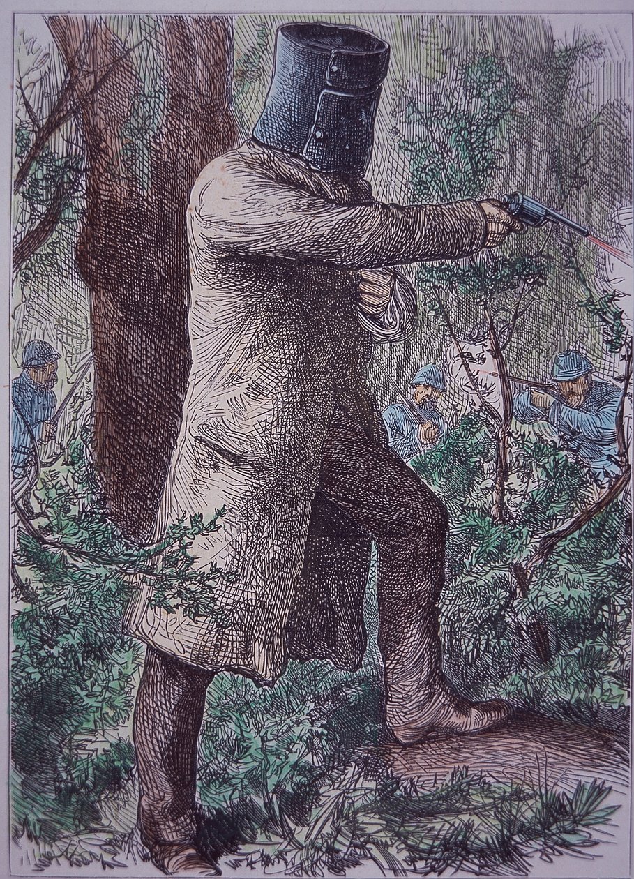 Ned Kelly, iklädd sin karaktäristiska rustning, i slutlig konfrontation med polisen, 28 juni 1880 (färgad gravyr) av Unknown artist