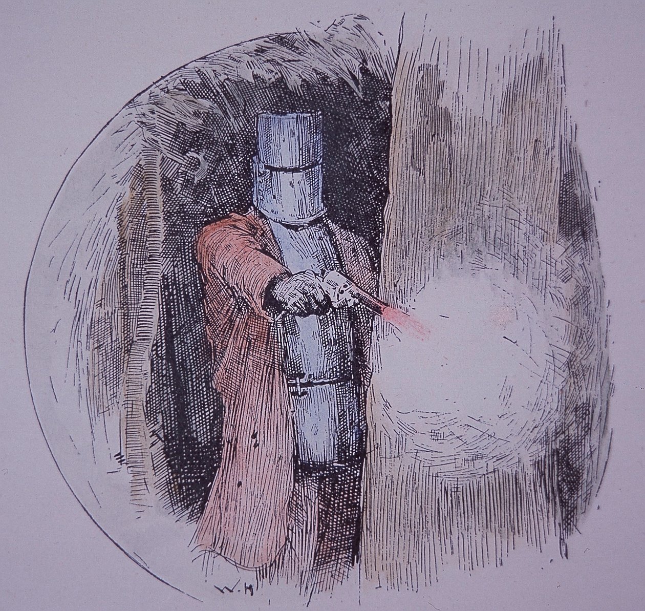 Ned Kelly bär sin hemgjorda rustning, i konfrontation med polisen (handfärgad gravyr) av Unknown artist