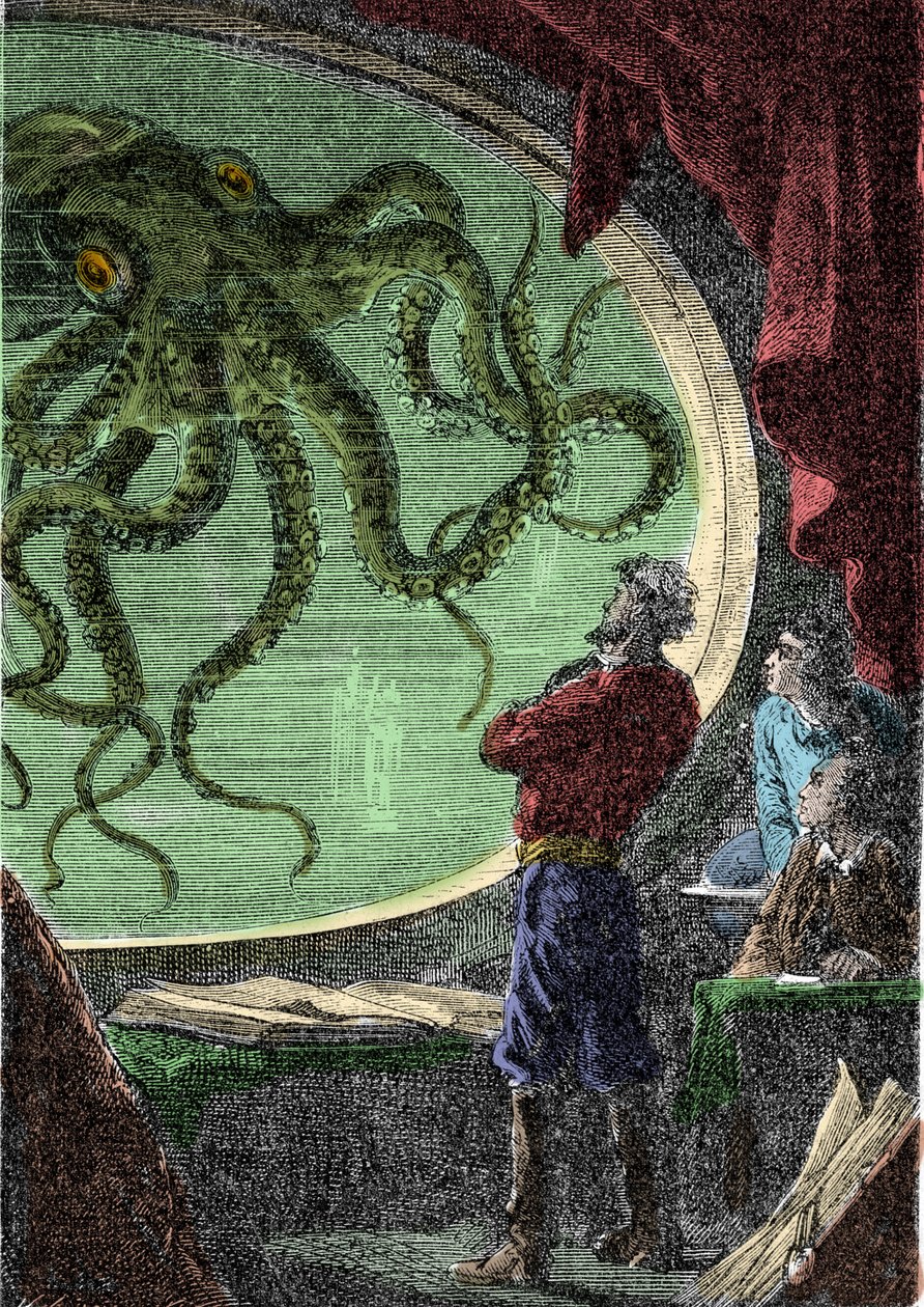 Ned Land, professor Aronnax och hans tjänare Conseil tittar på den jättelika bläckfisken genom hyttventilen på ubåten Nautilus. Gravering av Jules Vernes bok "Tjugo tusen ligor under havet" (Tjugotusen - 20 000 - 20000) av Unknown artist