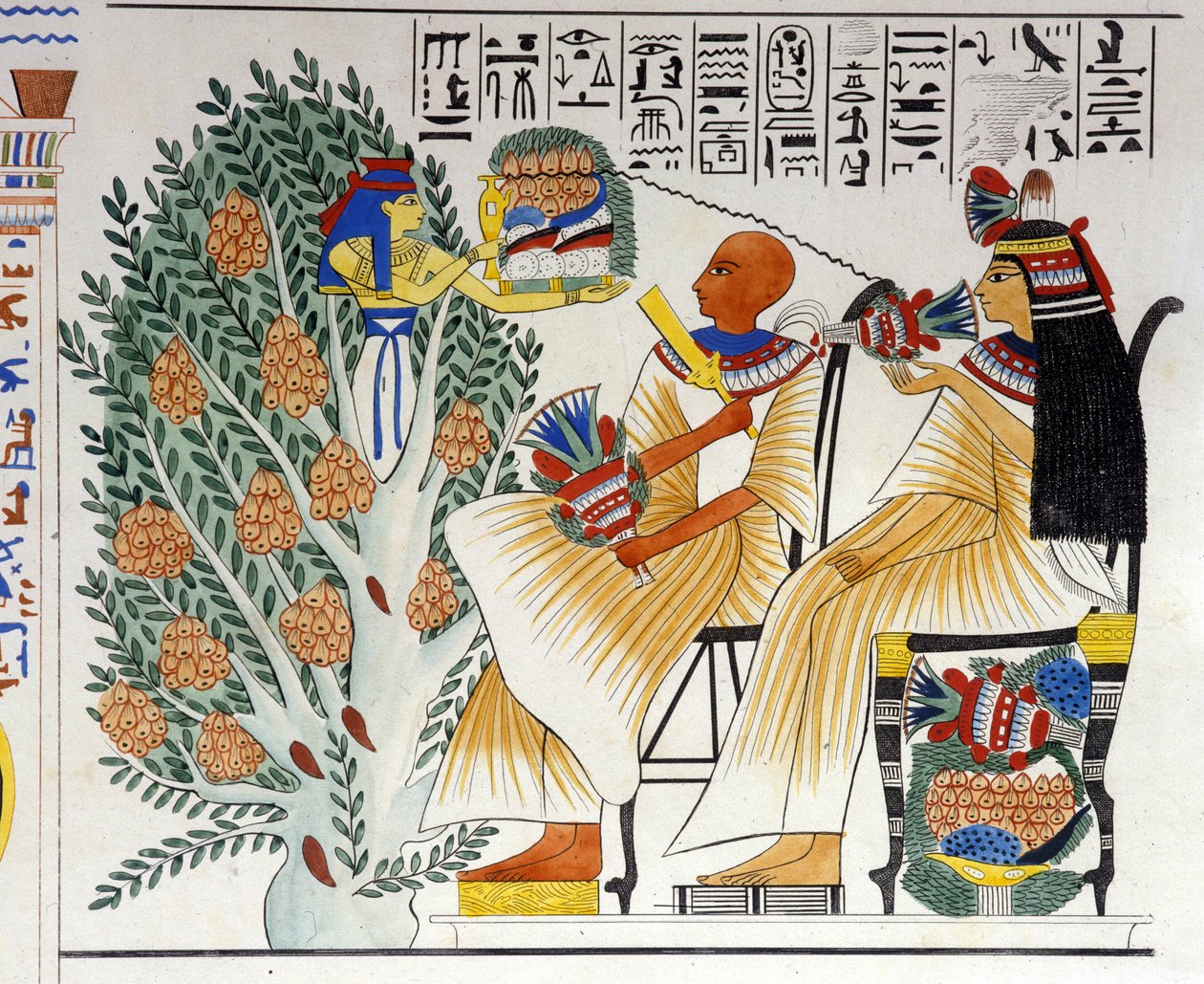 Nephtys, egyptisk gudinna, springer ut ur det mystiska trädet och erbjuder mat till den avlidne - i "Monument of Egypt and Upper Nubia" av Ippolito Rosellini (Rossellini). 1800-talet. av Unknown artist