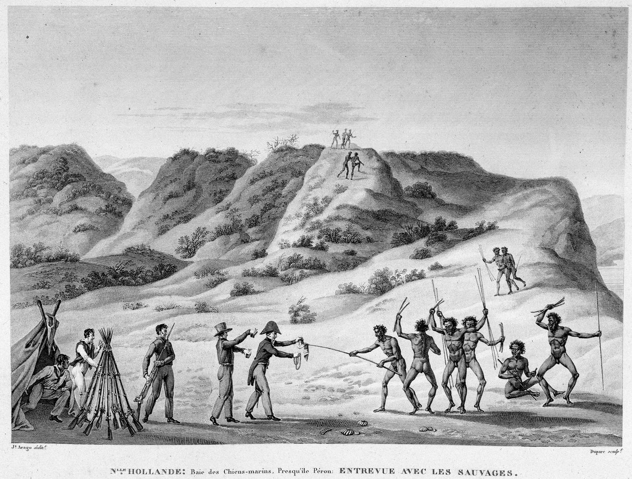 New Holland, Bay of Marine Dogs, Peron-halvön: intervju med indianerna (möte mellan aboriginer och nybyggare) - gravyr, deb. 1800-talet av Unknown artist