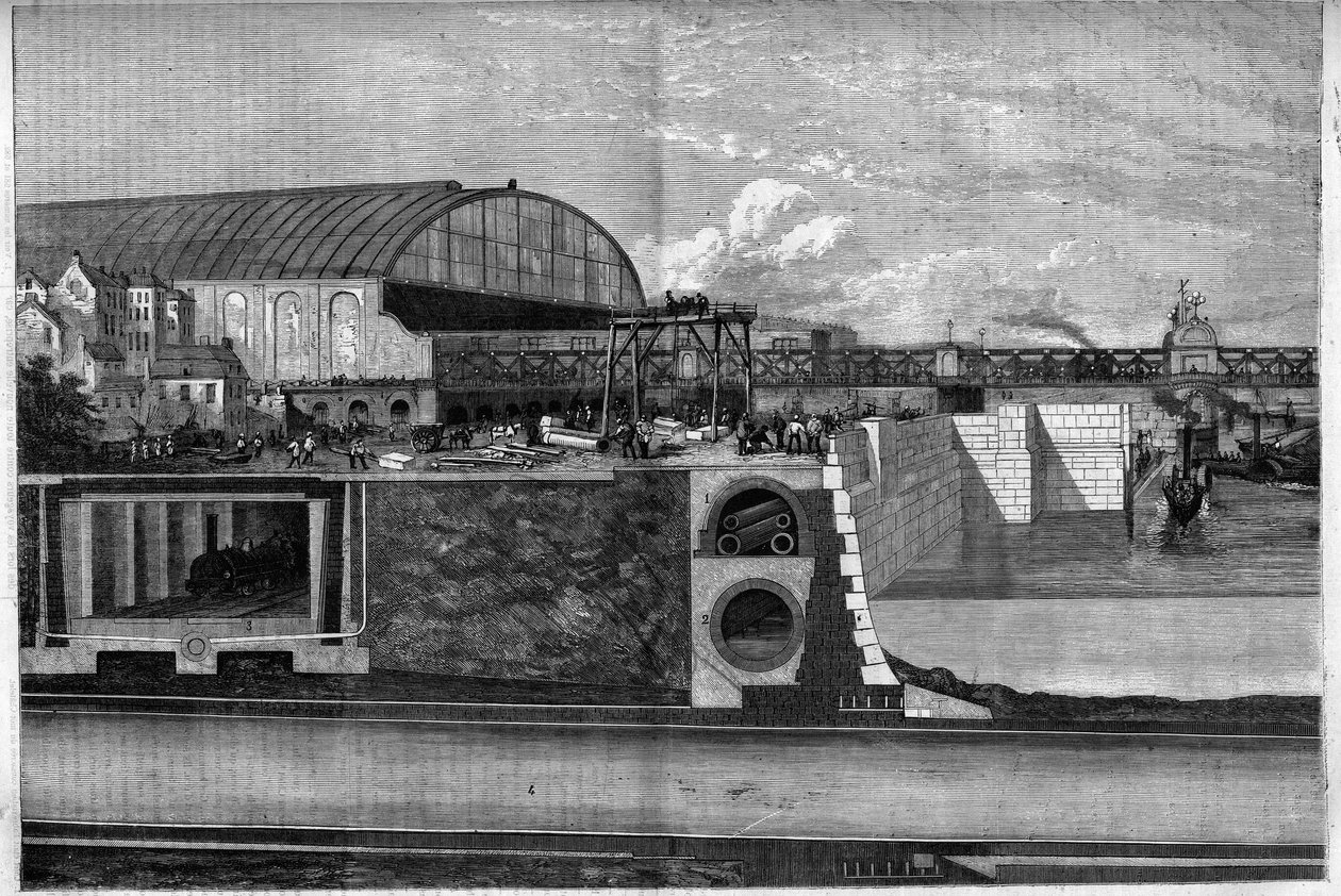 New Thames Wharf Section i London, England som indikerar: 1. Den övre underjordiska vägen för vatten- och gasledningar och telegrafledningar; 2. Cylindriskt avlopp; 3. Metropolitan järnväg; 4. Atmosfärisk järnväg. Gravyr i "" The Illustrious Universe"" av Unknown artist