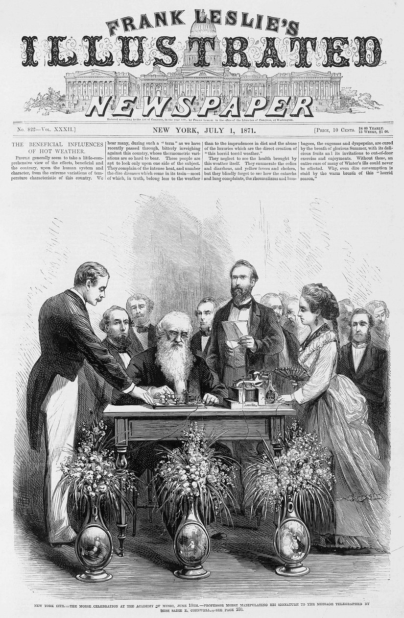 New York City - Morsefirande vid Musikhögskolan, 10 juni - Professor Morse manipulerar sin signatur till meddelandet som telegraferats av fröken Sadie E. Cornwell - i "" Frank Leslies illustrerade tidning", 1871-07-01 av Unknown artist