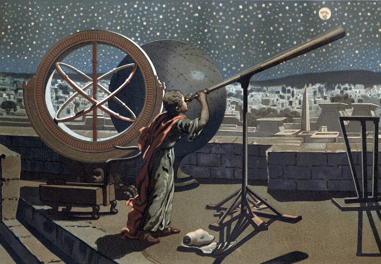 Nicees hipparch. (Hipparkhos) i Alexandria Observatory Greek Astronomer (i Bythynien, 2:a århundradet f.Kr.) efter "Science and its Men" av Louis Figuier. Barcelona 1881 av Unknown artist