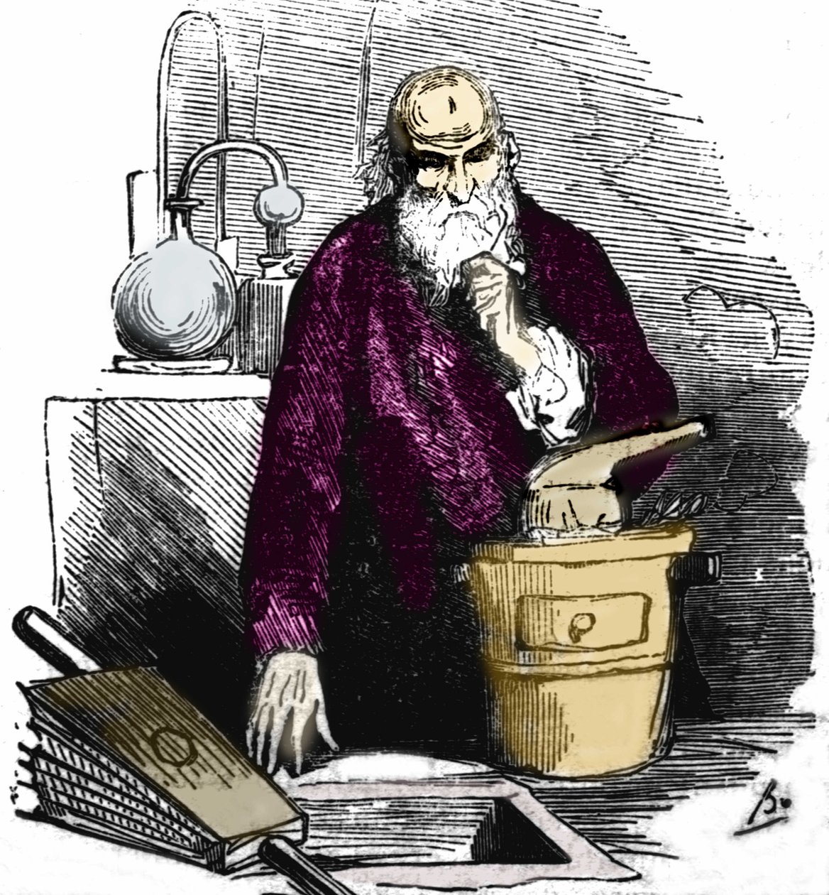 Nicolas Flamel (1330 - 1418) i sitt laboratorium. av Unknown artist