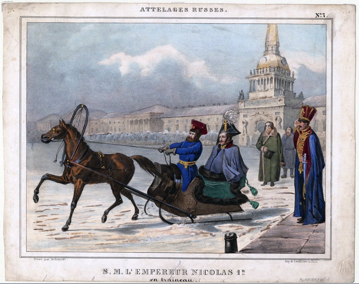 Nicolas I en traineau - Nicholas I av Ryssland i en släde - Anonym - 1850 - Litografi, akvarell - 21,3x26,8 - Privat samling av Unknown artist
