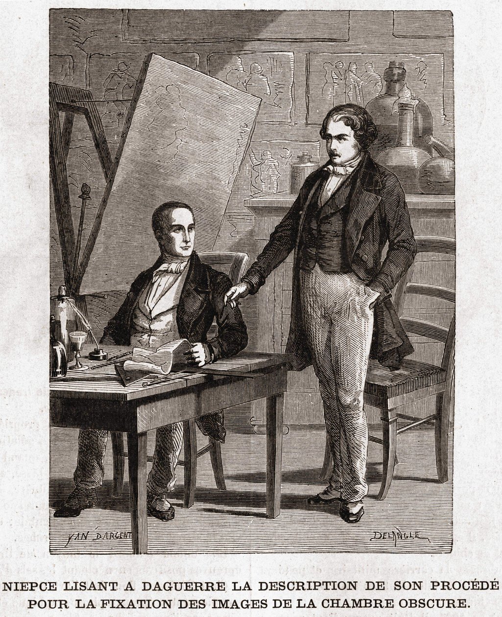 Niepce läser för Louis Daguerre l beskrivningen av heliografi, för fixering av bilder från camera obscura - Nicephore Niepce (1765-1833), fransk uppfinnare, fotografisk pionjär som läser för Daguerre beskrivningen av sin metod för att fixa bilderna av Unknown artist