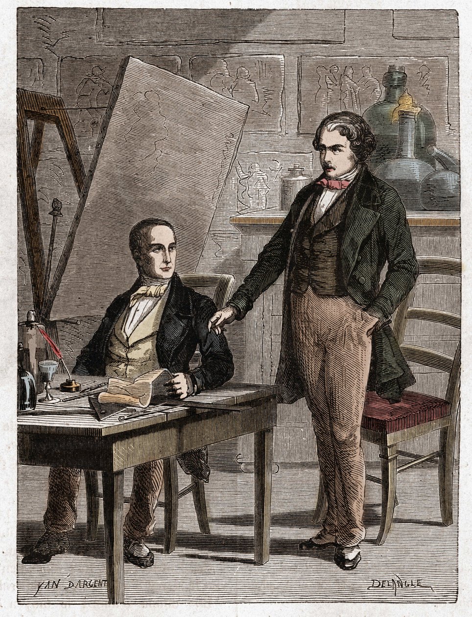 Niepce läser för Louis Daguerre lbeskrivningen av heliografi, för fixering av bilder från camera obscura - Nicephore Niepce (1765-1833), fransk uppfinnare, fotografisk pionjär som läser för Daguerre beskrivningen av hans metod för fixering av i av Unknown artist