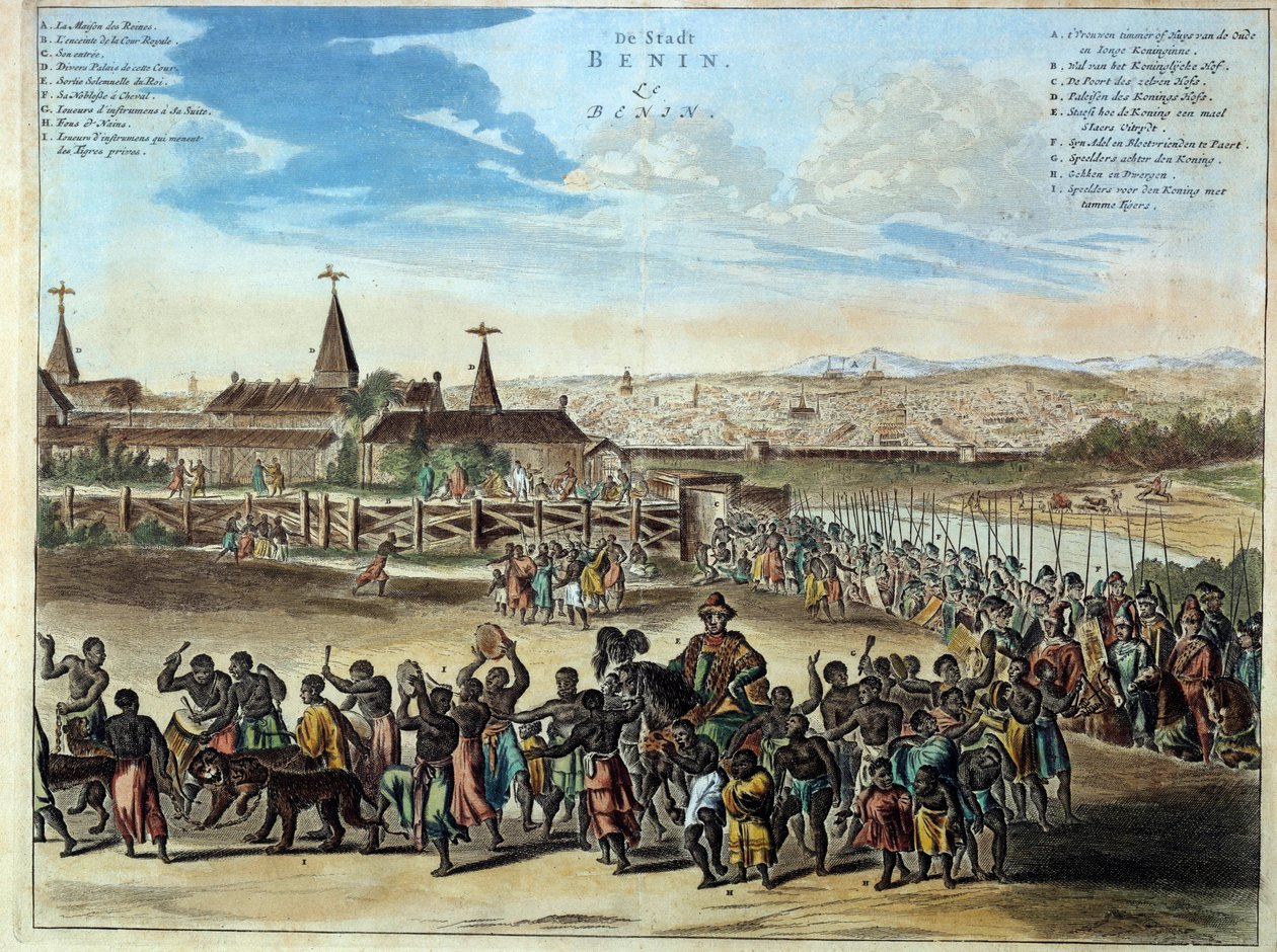 Nigerias huvudstad i kungariket Benin högtidligt utträde av kung Houegbadja (1645-1689), i Obamey 1680. Gravyr från 1686. Paris, afrikansk och oceanisk konst. av Unknown artist