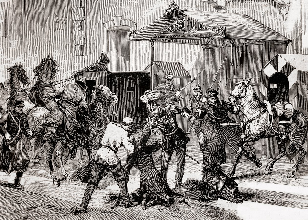 Nihilism i Ryssland - mordförsök mot aide de Camp, general Loris Melikoff (Loris-Melikoff), utanför dörren till hans hotell i Great Moskaia 1880 - Den ryska nihiliströrelsen på 1800-talet: mordförsök på greve L av Unknown artist