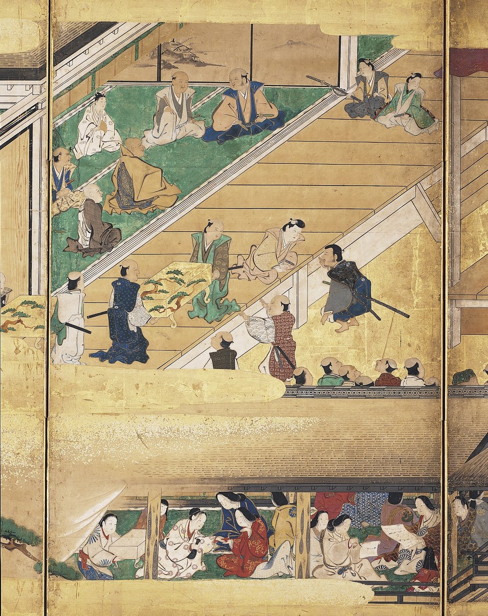 Noh Play: Funa Benkei (bläck, färger och guld på papper, skärm med sex paneler) av Unknown artist