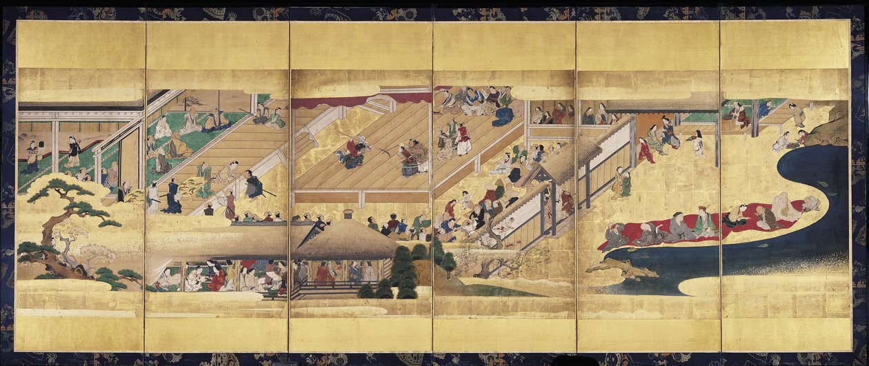 Noh Play: Funa Benkei (bläck, färger och guld på papper, skärm med sex paneler) av Unknown artist