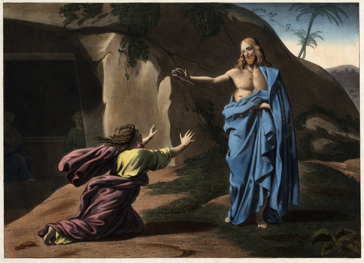 Noli me tangere: Kristi uppenbarelse för den heliga Magdalena. Anonym gravyr från 1800-talet. av Unknown artist