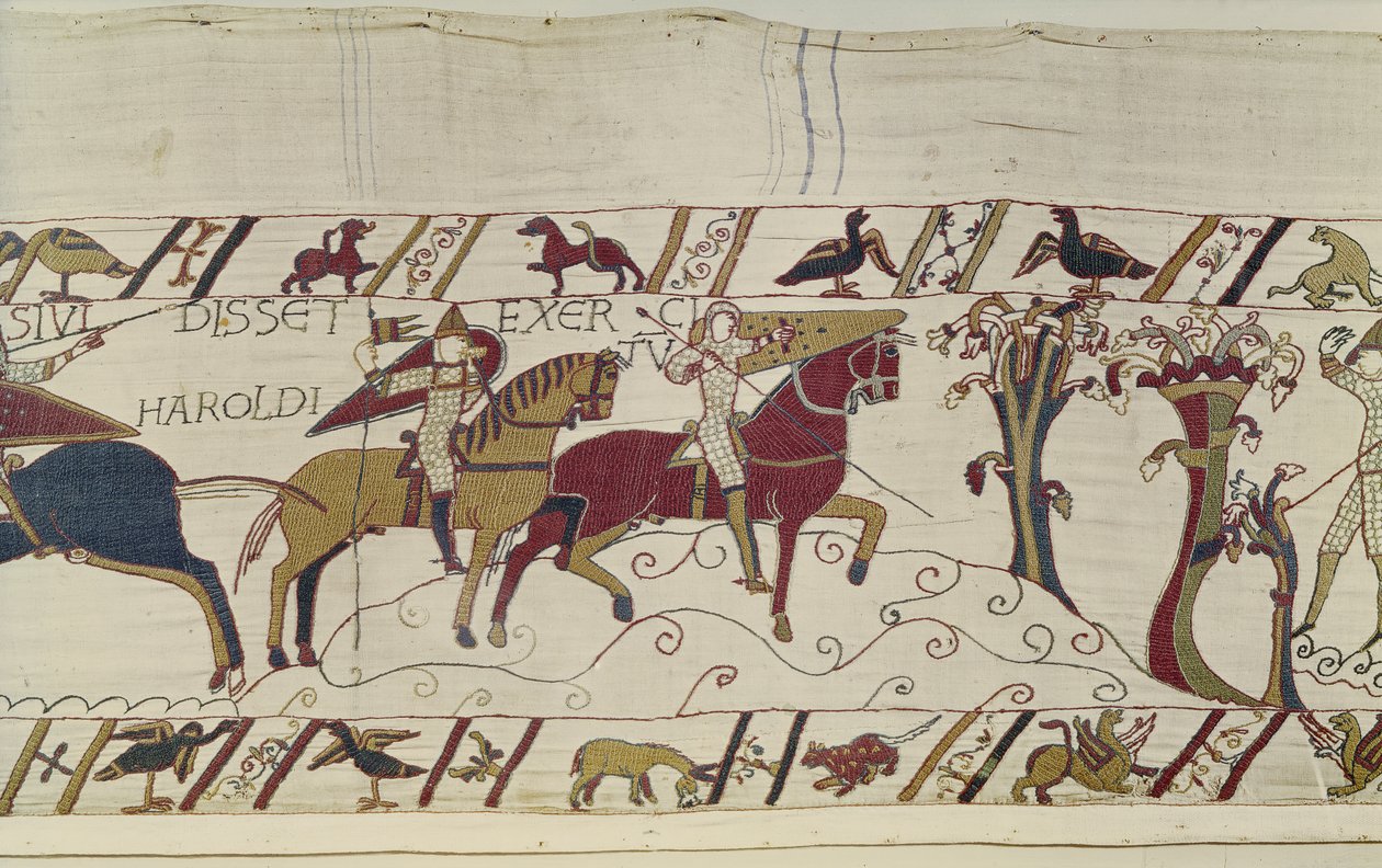 Normandiska scouter skickas i förväg för att titta på Harolds rörelser, Bayeux Tapestry (ullbroderi på linne) av Unknown artist