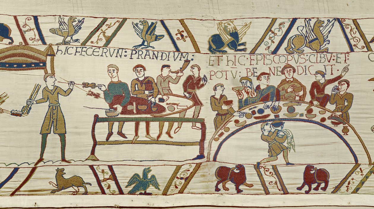 Normandiska tjänare förbereder en bankett för William och biskop Odo välsignar måltiden, Bayeux Tapestry (ullbroderi på linne) av Unknown artist