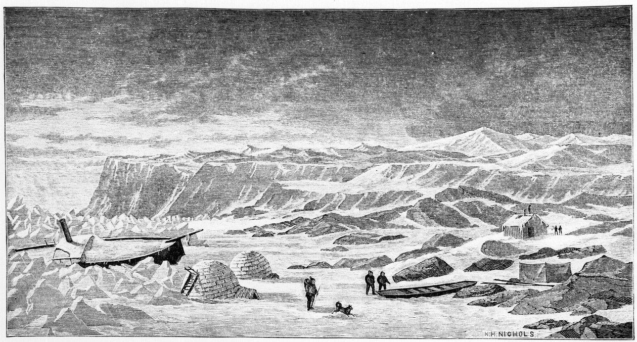 Nordpolen: Igloos och isbrytarbåt (Ice Breeze), ritning, våren 1873. av Unknown artist