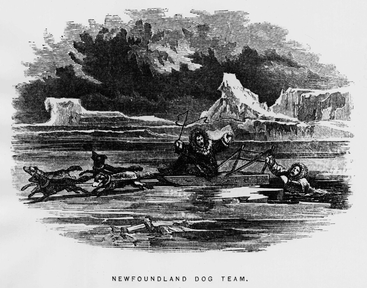 Nordpolen: slädhund svävar en man faller genom isen - Elisha Kent Kane, Arctic Explorations in the years 1853-1855, Philadelphia, Childs and Peterson av Unknown artist