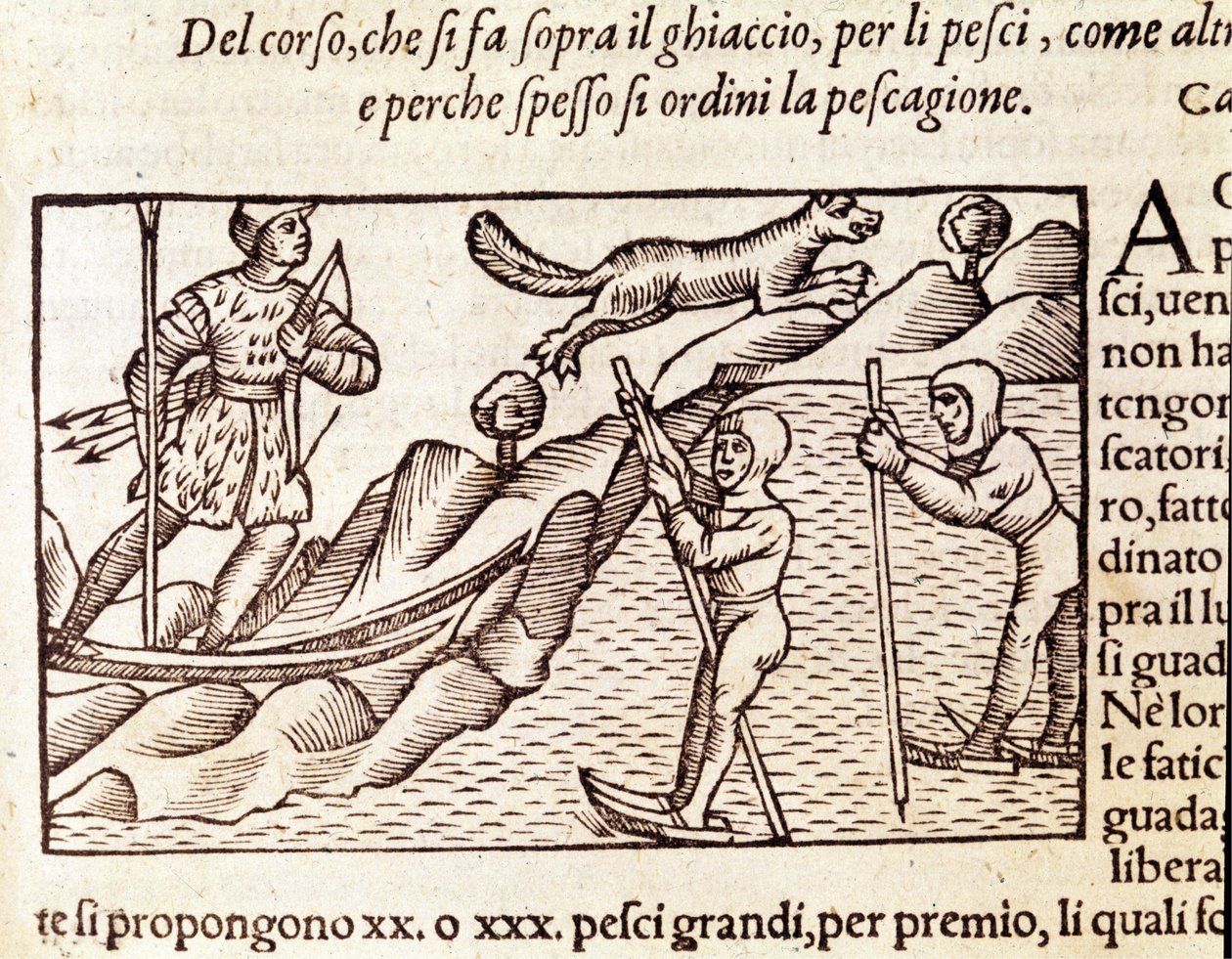 Norska jägare rör sig genom skidor. gravyr av Olaus Magnus (1490 - 1557), svensk religiös och geograf, "Historia de Gentis Septentrionalibus", Venedig av Unknown artist