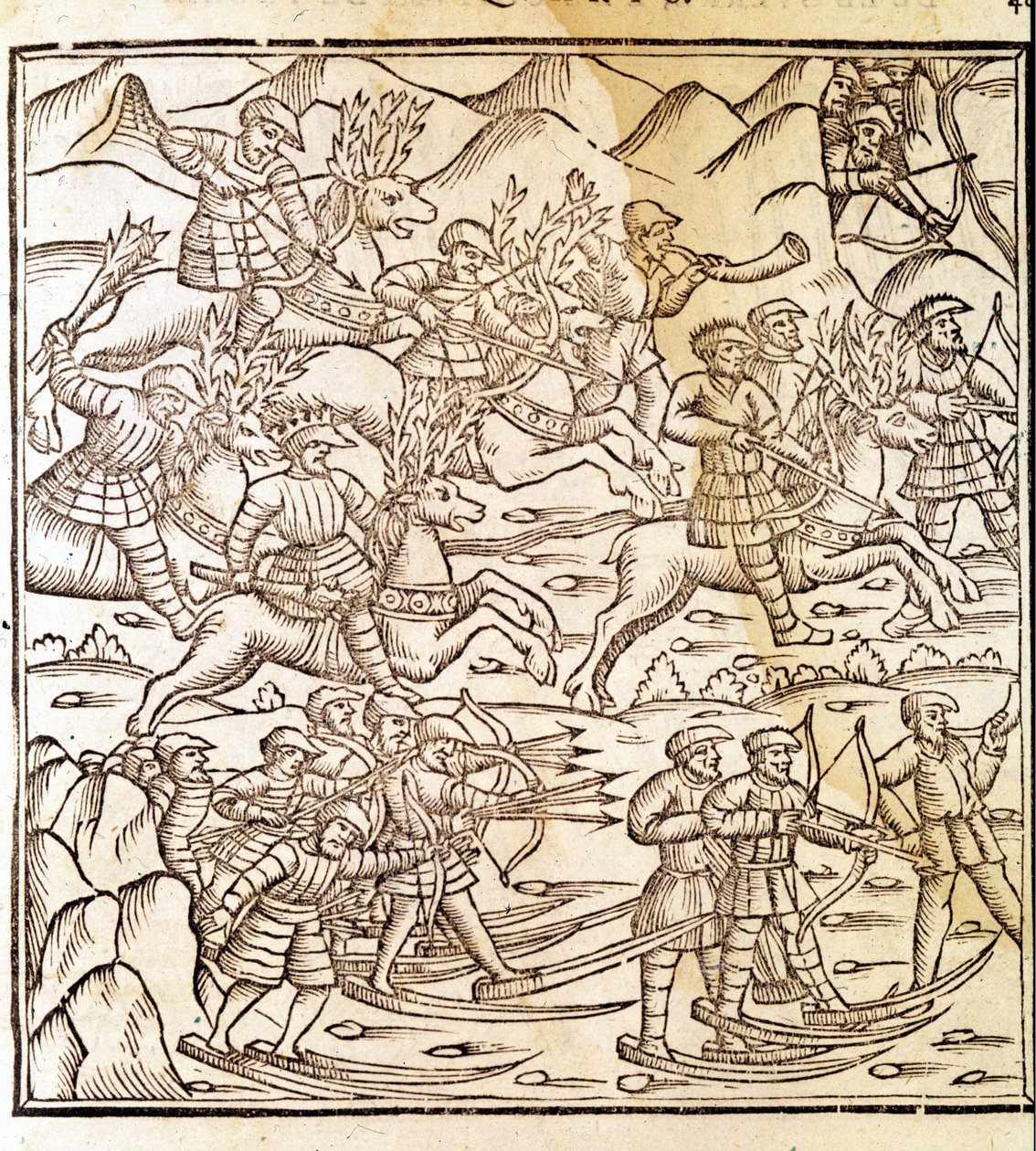 Norska jägare som reser på skidor och renar. Gravyr av Olaus Magnus (1490 - 1557), svensk religiös och geograf, "Historia de Gentis Septentrionalibus", Venedig av Unknown artist