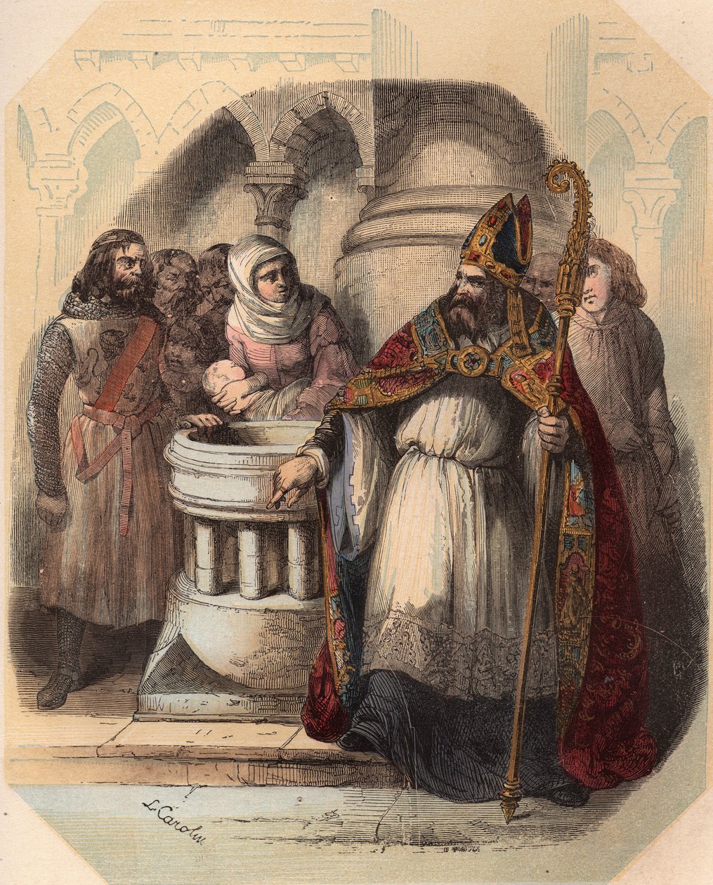 Notger (930-1008) (Notker av Liege), eveque av Liege, under dopet av Otton III (980-1002), kung av Tyskland. Gravyr från 1868 i "Histoire de Belgique från primitiv tid till slutet av Leopold I:s rege"" av Theodore Juste (1818-1888). Priva av Unknown artist